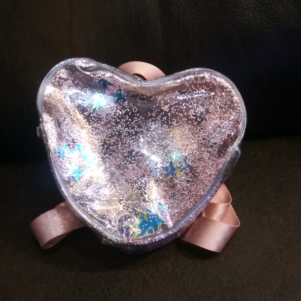 Heart 90s look Y2K Mini Backpack Purse Glitter Clear Stars Transparent. Pink
